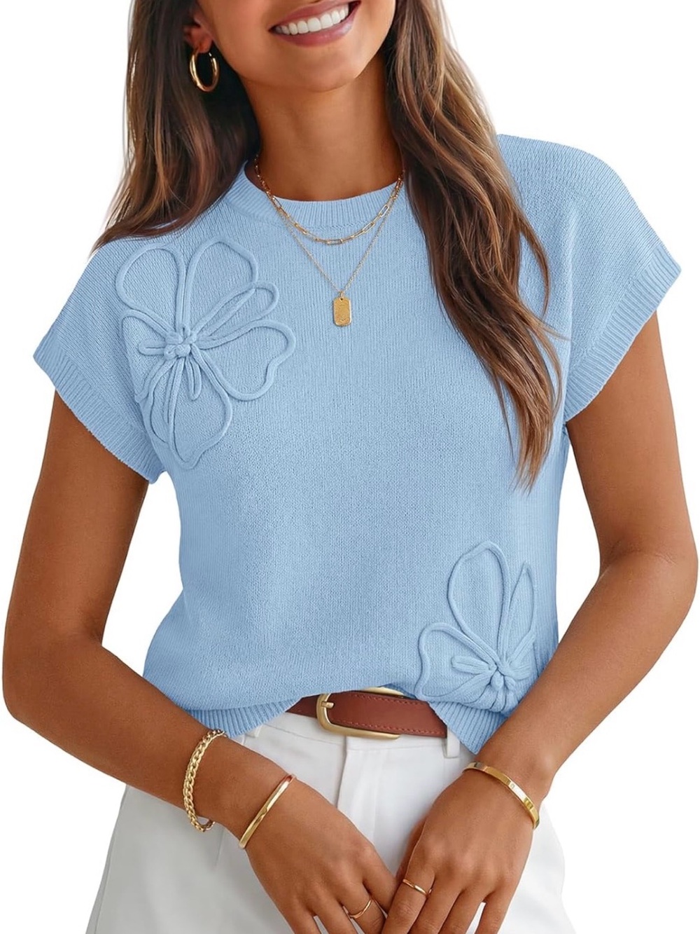 Light Blue Floral Appliqué Cap-Sleeve Knit Top by